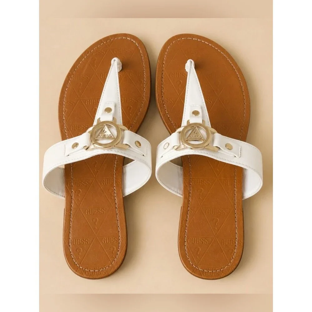 Vintage Y2K Guess White Gold Logo Accent Hardware Thong Sandals Size 6 - Picture 2 of 4